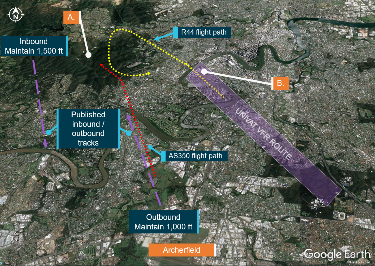 Figure 1: Archerfield arrivals and departures.Source: Google Earth, annotated by ATSB