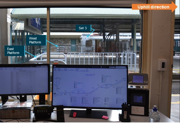 Figure 4: View from Control room window.<br />
Set 3 on west track, east track clear at Bullocks Flat Terminal.<br />
Source: OTSI