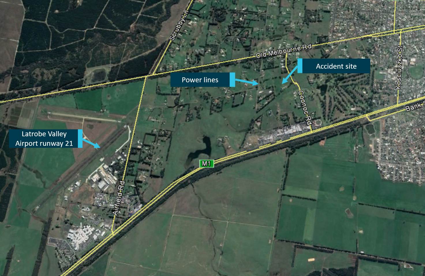 Figure 1: Latrobe Valley Airport and the accident site.Source: Google Earth annotated by ATSB