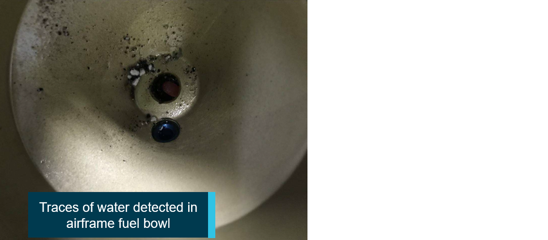 Figure 4: Photographs of water detected in the fuel system.Source: Provided by aircraft insurer, annotated by ATSB