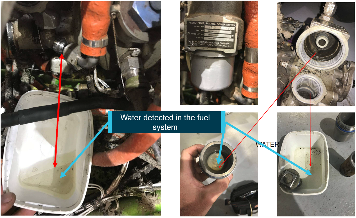 Figure 4: Photographs of water detected in the fuel system.Source: Provided by aircraft insurer, annotated by ATSB