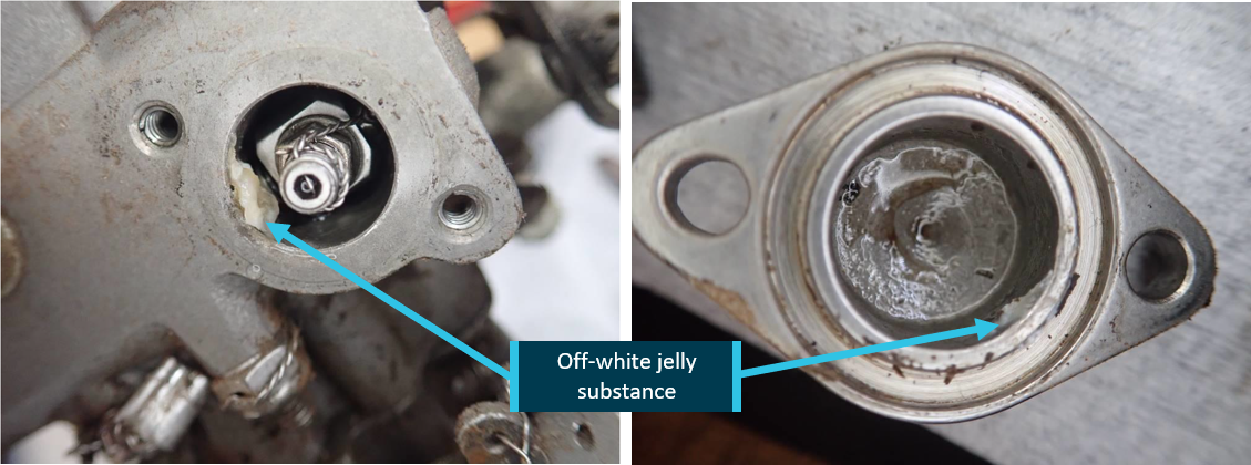 Figure 6: Contamination within the fuel control unit.The photograph on the left shows the off-white jelly substance detected within the fuel section of the torsion shaft. The photograph on the right shows the same substance detected in the ratio lever cap.Source: Provided by the aircraft insurer, annotated by ATSB