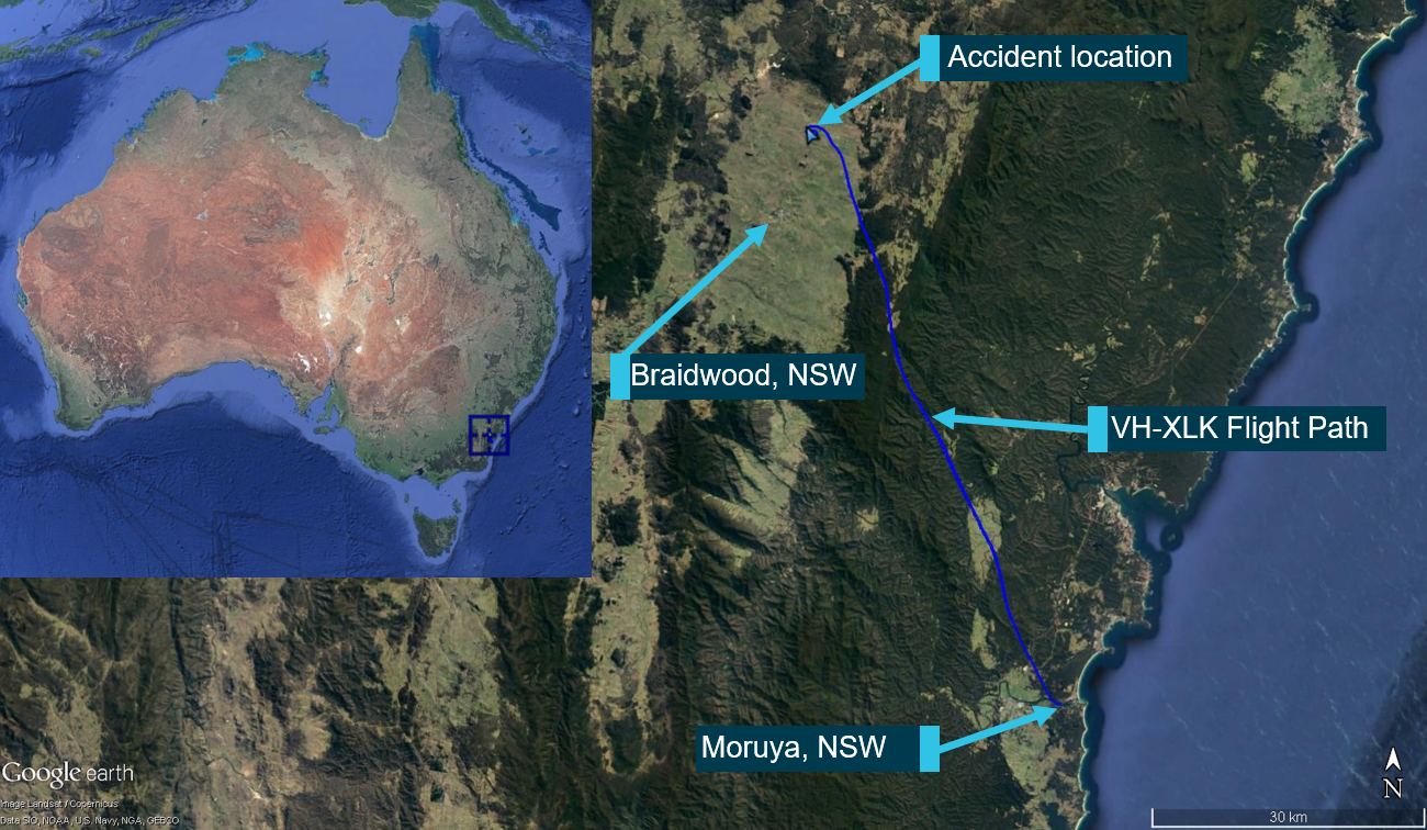 Figure 1: Aircraft’s flight path and accident site location.<br />
Source: Google Earth, modified by the ATSB