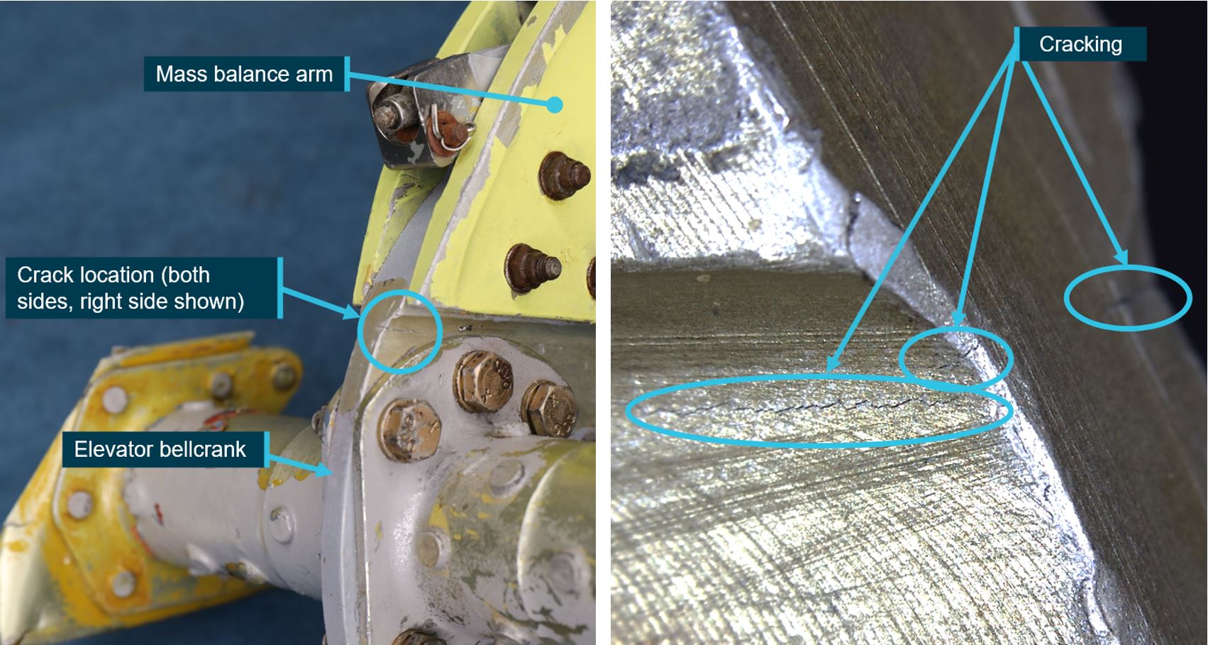 Figure 1: Elevator bellcrank cracks observed on VH-PAE. Source: ATSB