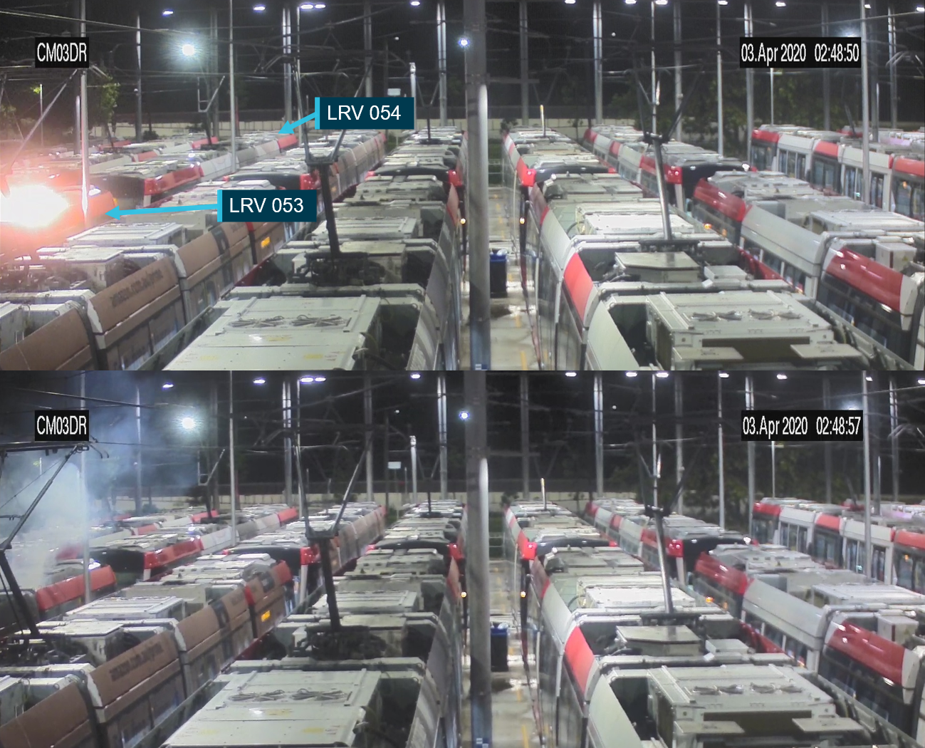 Figure 1: Randwick yard CCTV footage.
The figure shows stills taken from the CCTV at 0248:50 with a flash visible and at 0248:57 showing smoke or vapour emanating from the battery enclosure of LRV 053. The ejected panel struck the overhead contact wire and landed to the left of LRV 053 out of view of camera CM03DR.  
Source: Transdev, modified and annotated by OTSI