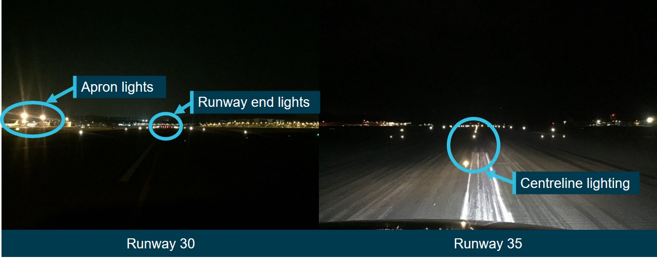 Figure 1: Night comparison of runway 30 and runway 35 from intersection Golf.Note: The vehicle lights were turned on in the runway 35 photograph (right).Source: Canberra Airport, annotated by the ATSB