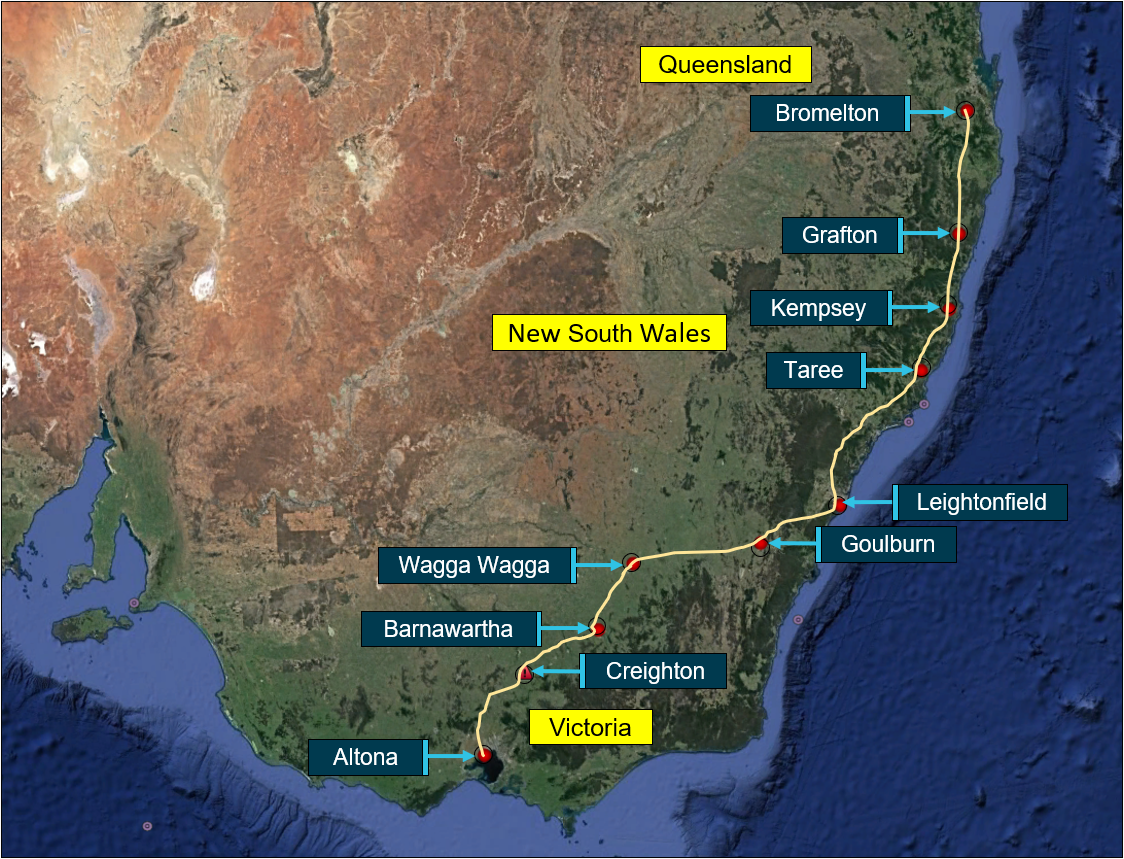 Figure 1: Intended route of train 6BM9 from Bromelton, Queensland to Altona, Victoria.<br />
Source: Google earth annotated by Chief Investigator, Transport Safety (Victoria)