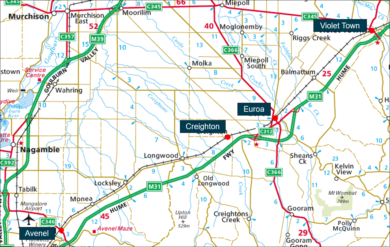 Figure 4: Track between Violet Town and Avenel, indicating incident location Creighton.<br />
Source: e-way street directory, Melway 2017, annotated by Chief Investigator, Transport Safety (Victoria)