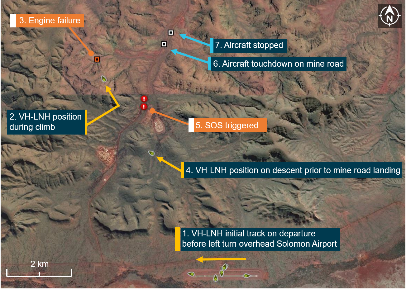 Figure 1: Sequence showing the aircraft departure from Solomon Airport, the pilot‑reported location of the engine failure, and other events during the forced landing.Spidertracks aircraft location markers (identified green in the above image) are transmitted every 2 minutes under normal operation. When the SOS function is activated transmission signals are broadcast at 10-15 second intervals.Image source: Google, Maxar Technologies, annotated by the ATSB