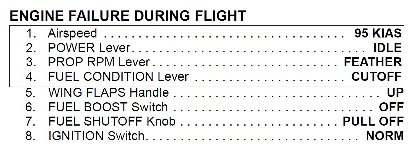 Figure 3: Cessna 208B initial items for the engine failure procedure.Image source: Cessna - Textron Aviation