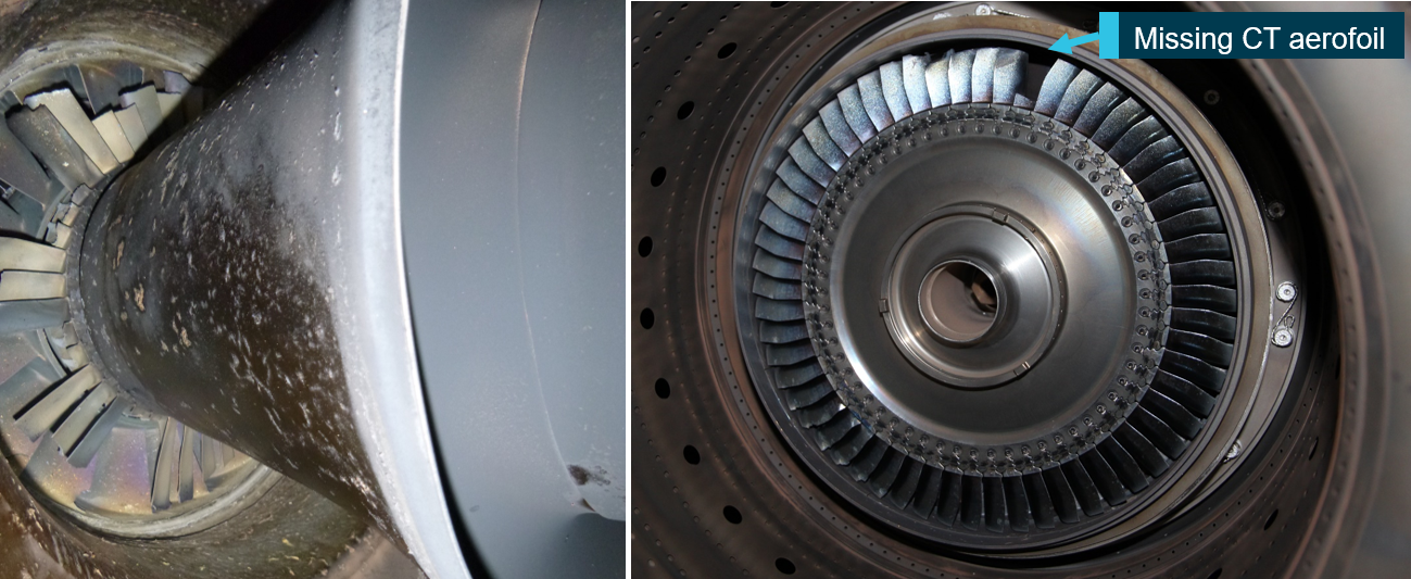 Figure 6: Composite image displaying the observed damage to the power turbine (left) and compressor turbine (right) displaying the missing aerofoil section.<br />
Image source: ATSB