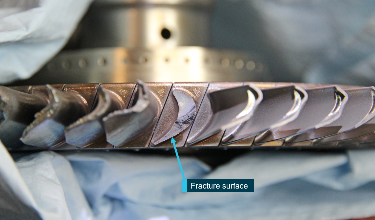 Figure 7: The fractured CT blade.Fractured blade manufacturing identifiers; part number 3079351-01, serial number HWB5PL, vendor supplier 702055Image source: ATSB