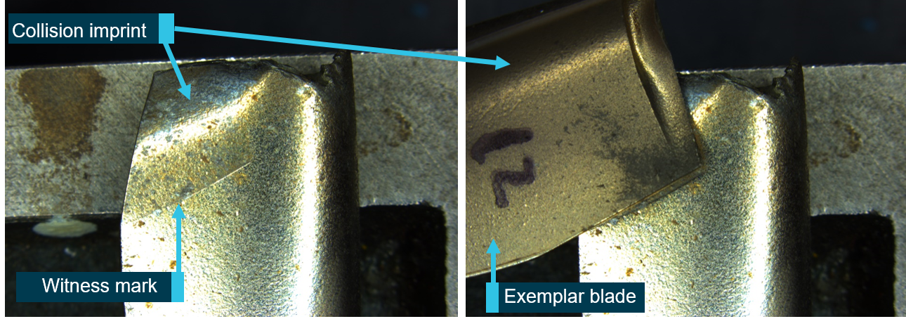 Figure 9: Composite view of a CT blade adjacent to the one that had fractured showing the collision imprint from the liberated aerofoil section.An exemplar blade (right image) from the disc has been used to illustrate the collision of the liberated aerofoil section from the fractured blade.Image source: ATSB