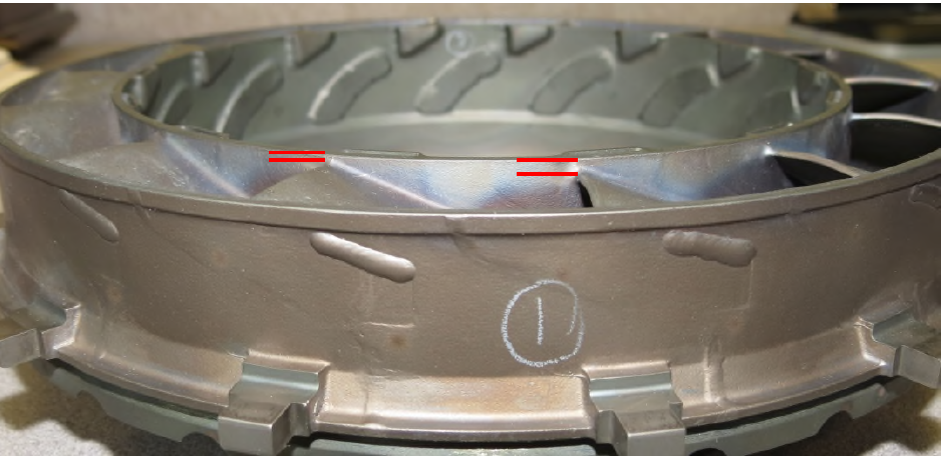 Figure 14: Trailing edge positioning variations against the inner shroud from the STI‑repaired CT vane ring, highlighting a non-conformance.<br />
Image source: Pratt & Whitney Canada