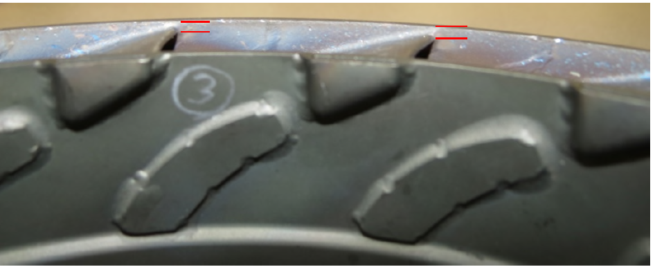 Figure 15: Trailing edge positioning variations against the outer shroud from the STI‑repaired CT vane ring, highlighting a non-conformance.<br />
Image source: Pratt & Whitney Canada