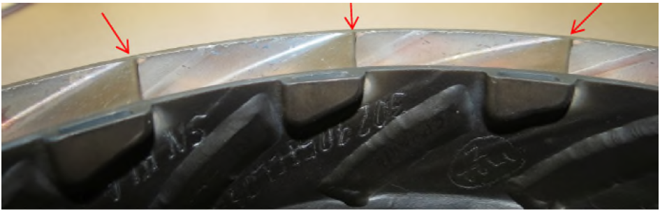 Figure 16: Example of trailing edge positioning against the outer shroud from a PWC‑manufactured CT vane ring.Notable differences in vane positioning exist when compared with the STI-repaired item from the occurrence engine.Image source: Pratt &amp; Whitney Canada