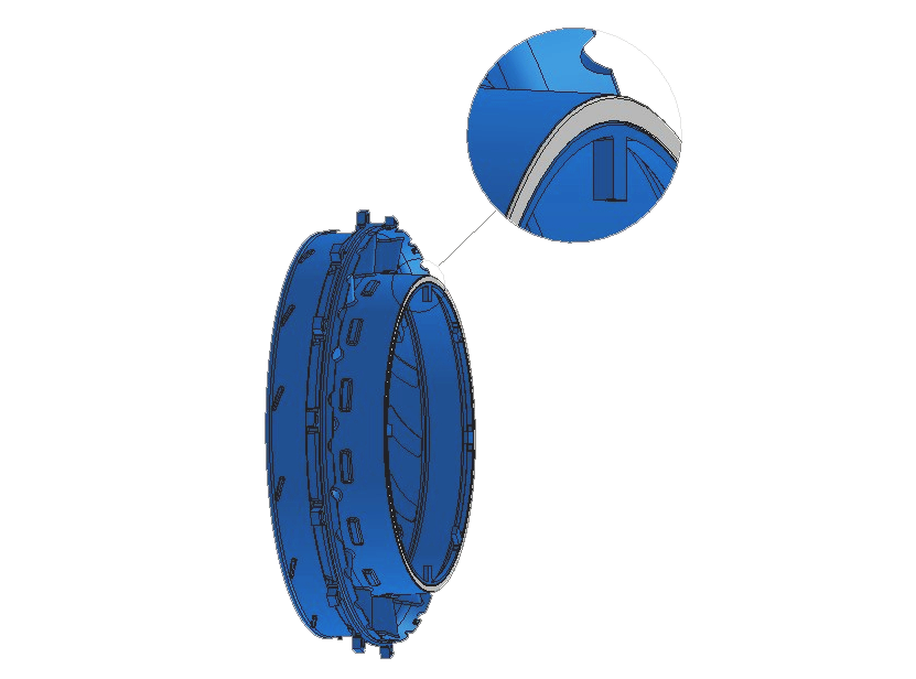 Figure 17: Illustration of a PT6A CT vane ring with the blue highlighted section displaying the approximate portion that is replaced as part of the STI 72-50-254 repair.<br />
The remnant section of the original PWC part is identified as the grey ring located along the mounting flange. The ring of original material was kept while the remainder of the part discarded to be replaced as part of the STI 72-50-254 repair process.<br />
Image source: Southwest Turbine Inc.