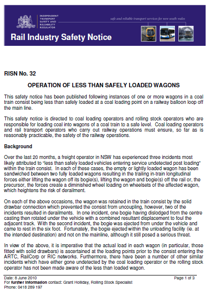 Appendix A – Rail Industry Safety Notice (RISN No. 32) (Page 1)