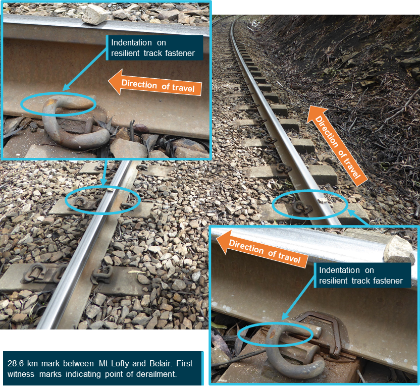 Figure 3: Initial evidence of derailment between Mount Lofty and Belair.
Image shows the location of the initial wheel witness marks on the upper surface of the resilient track fastenings at the 28.6 km mark.
Source: ATSB