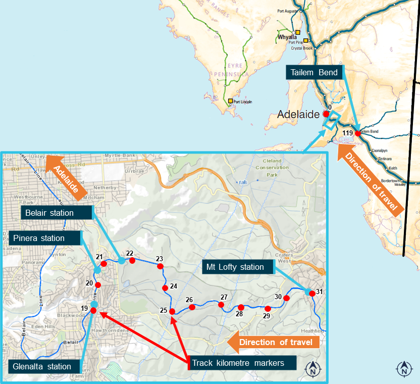 Figure 8: Location of derailment site, between Mount Lofty and Glenalta.
Image shows location of derailment site within South Australia, and inset image shows ARTC track in greater detail from Mount Lofty Railway Station to Glenalta Railway Station. 
Source: ARA Railways of Australia Map 2014 and Australian Government National Map, both annotated by the ATSB