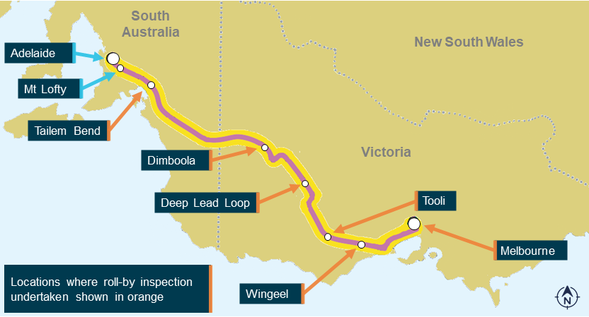Figure 16: ARTC Adelaide to Melbourne corridor, with 6MP4 roll-by inspection locations.
Image shows the location of the roll-by inspections undertaken on 6MP4 on its journey between Melbourne and Mount Lofty, noting roll-by location labels shown in orange. 
Source: ARA annotated by the ATSB