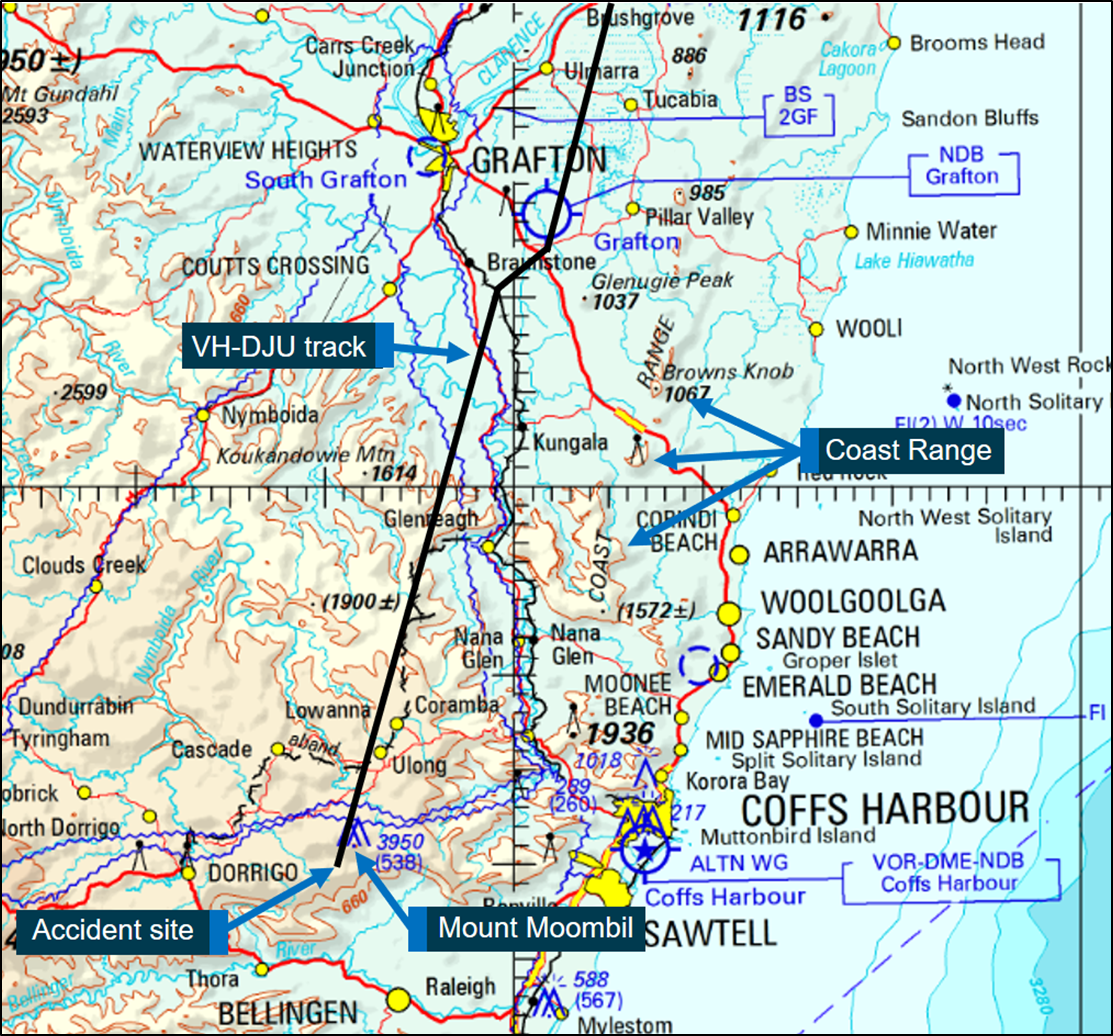 World Aeronautical Chart extract showing terrain in the vicinity of the aircraft’s track