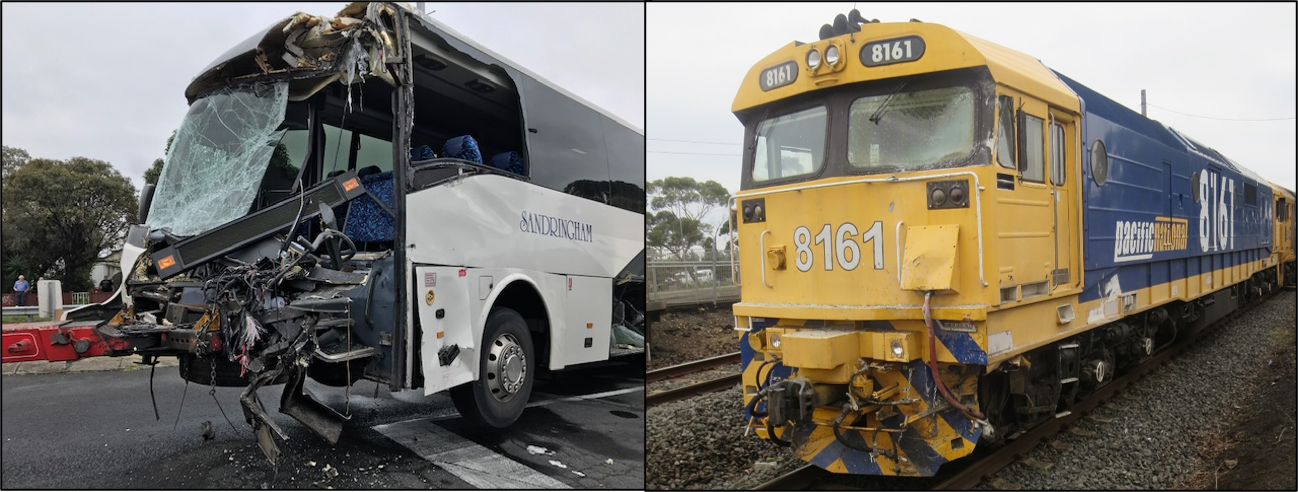 Title image - wreckage of bus (left) and damage to train (right).