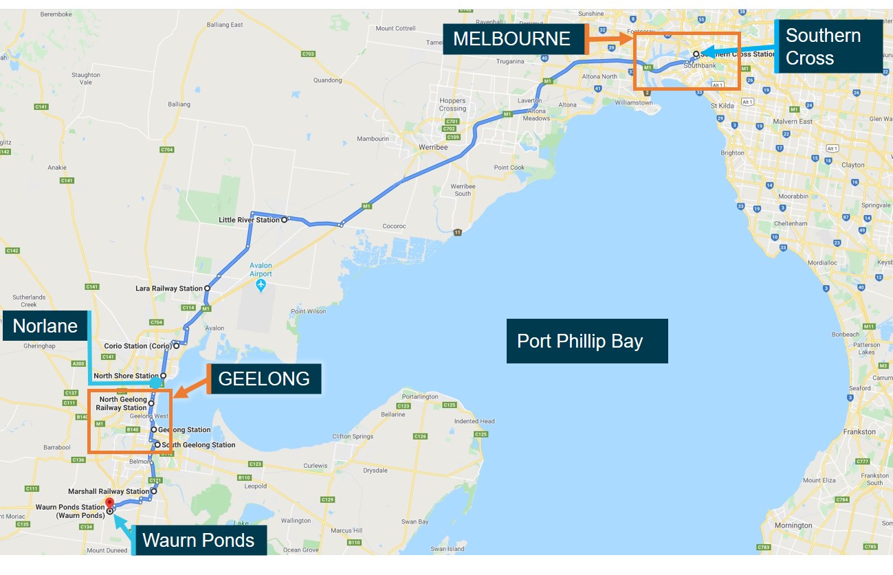 Figure 1: Train replacement coach route between Southern Cross and Waurn Ponds