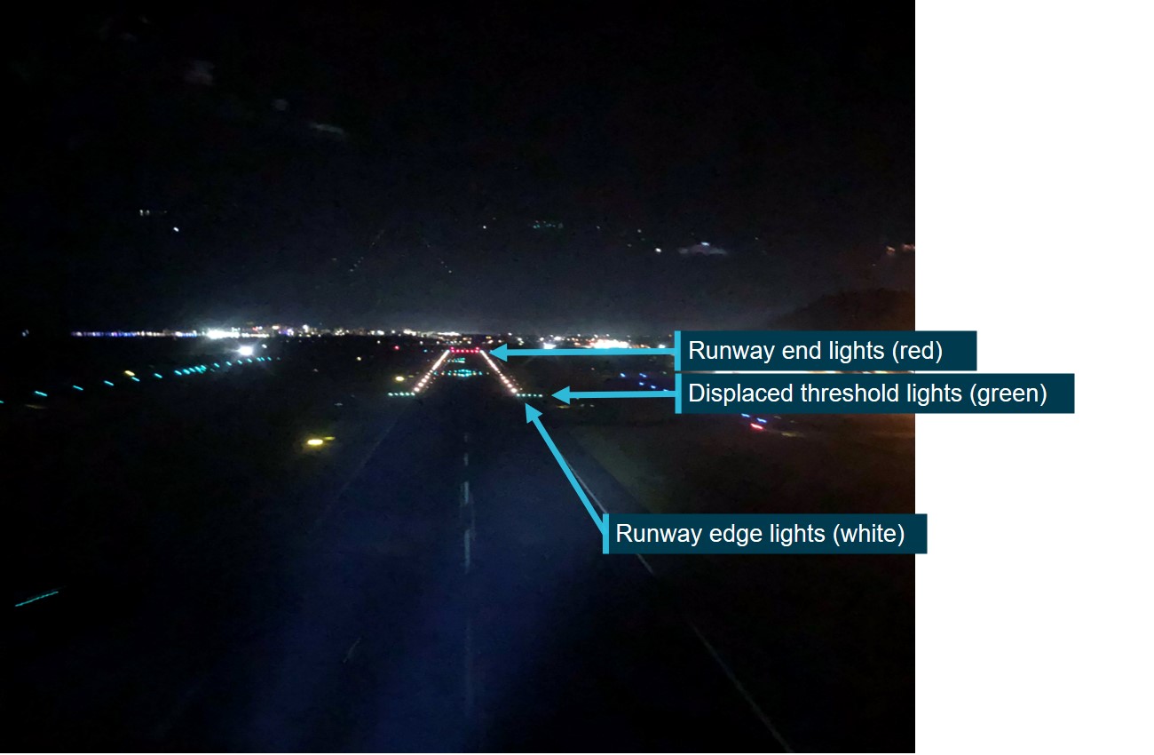 Figure 5: Runway lighting for the runway 15 displaced threshold several nights after the incident