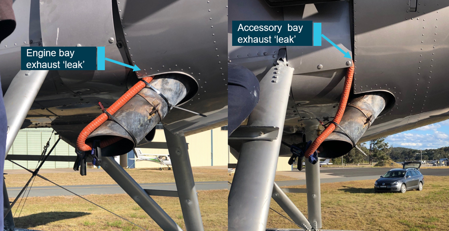 Simulated exhaust leak into the engine bay (left) and the accessory bay (right)