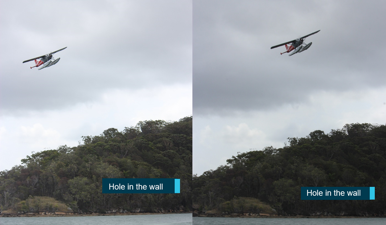 Witness photographs showing the aircraft turning near the Hole in the wall
