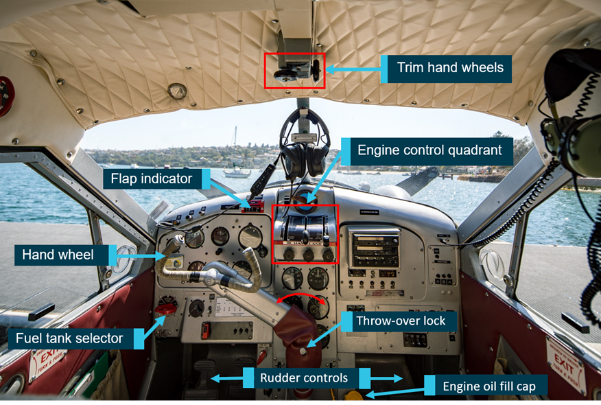 VH-NOO cockpit showing the aircraft system controls