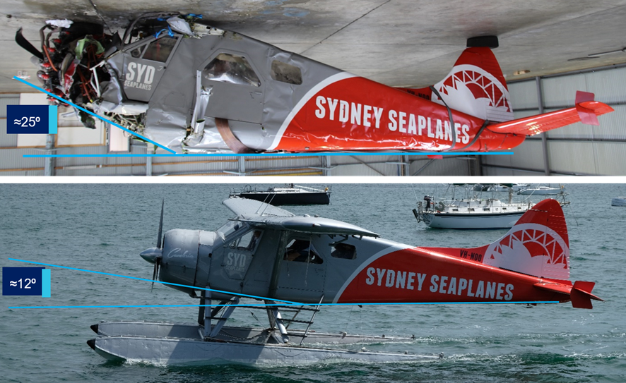 Engine and forward fuselage deformation post-accident (top) with pre accident nose to rear fuselage angle (bottom)