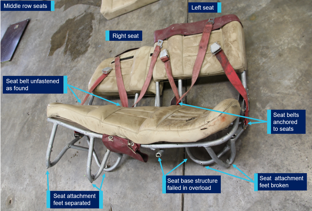 Middle row seats showing structural damage and seatbelts