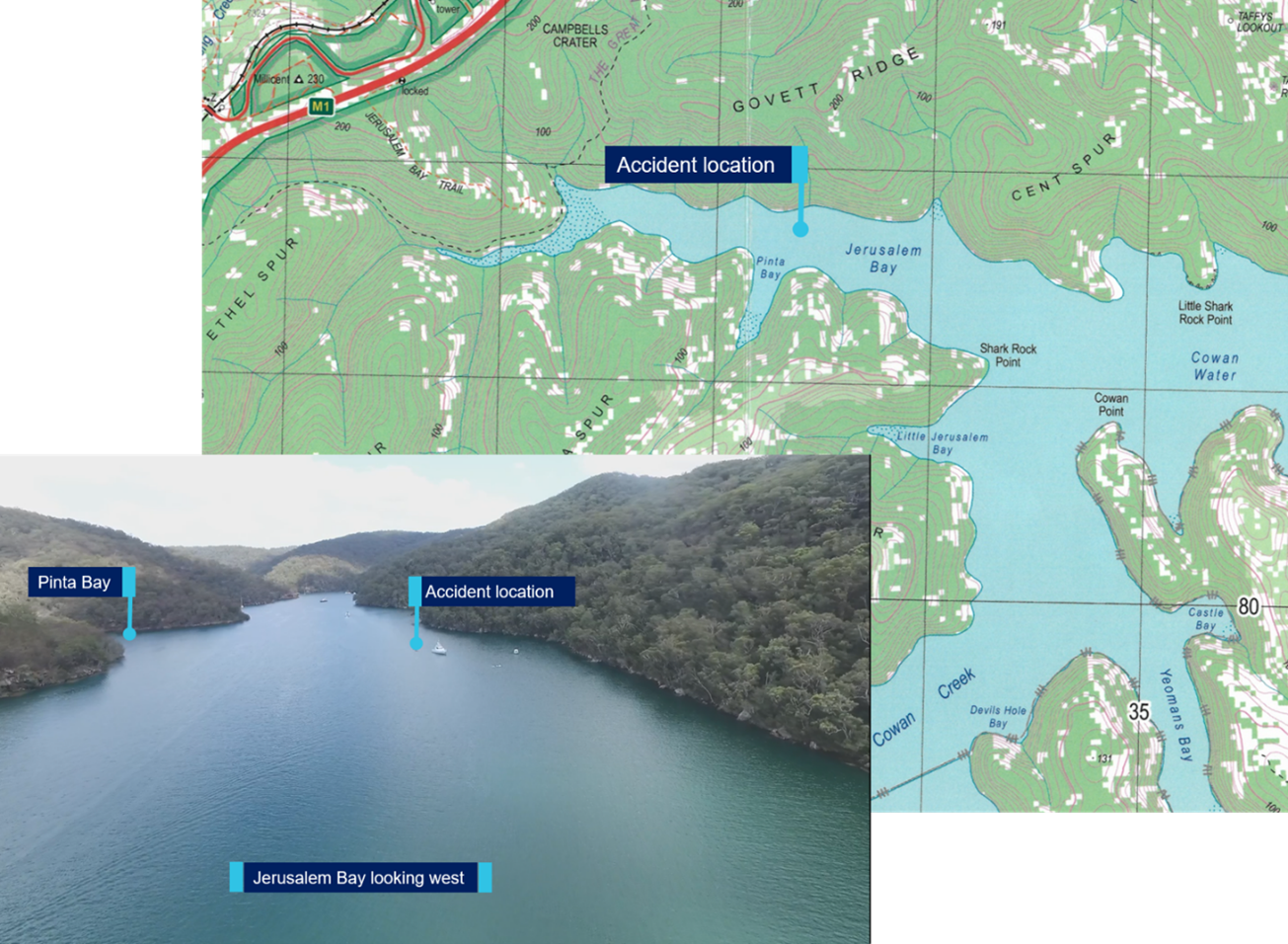 Jerusalem Bay topographic map (top) and image taken from drone footage looking west to the end of Jerusalem Bay (bottom)