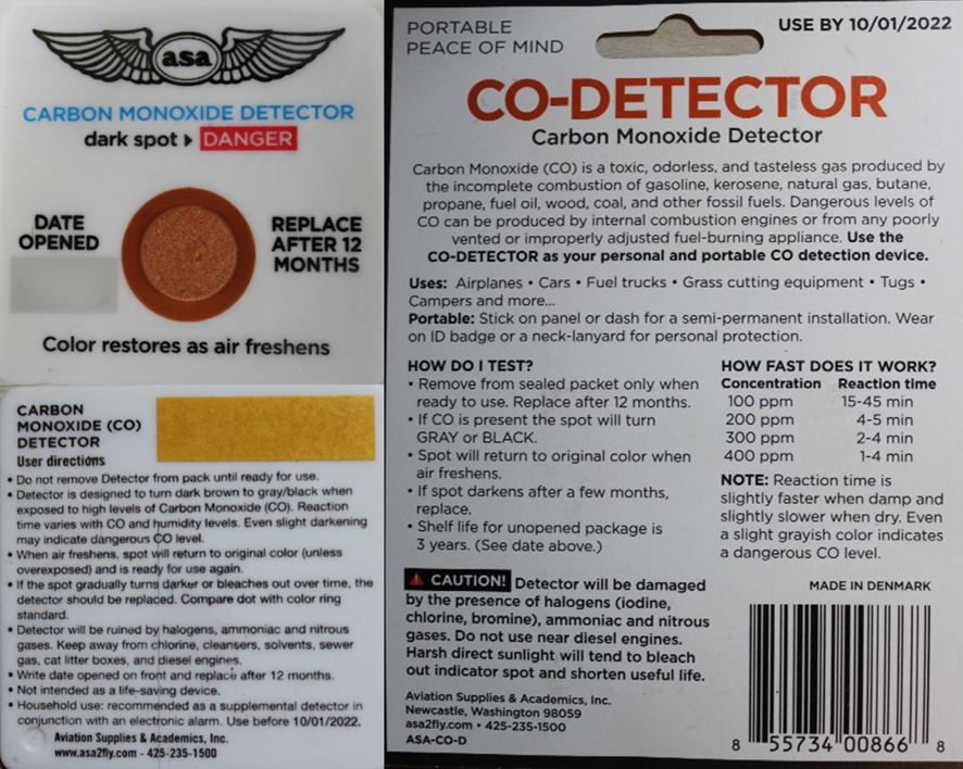 Exemplar disposable CO chemical spot detector