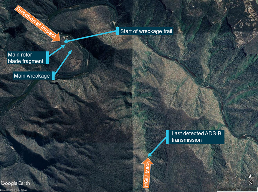 Wreckage trail and final ADS-B transmission from VH-HGU