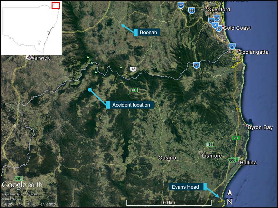 Figure 1 - Accident flight departure, destination and accident locations
