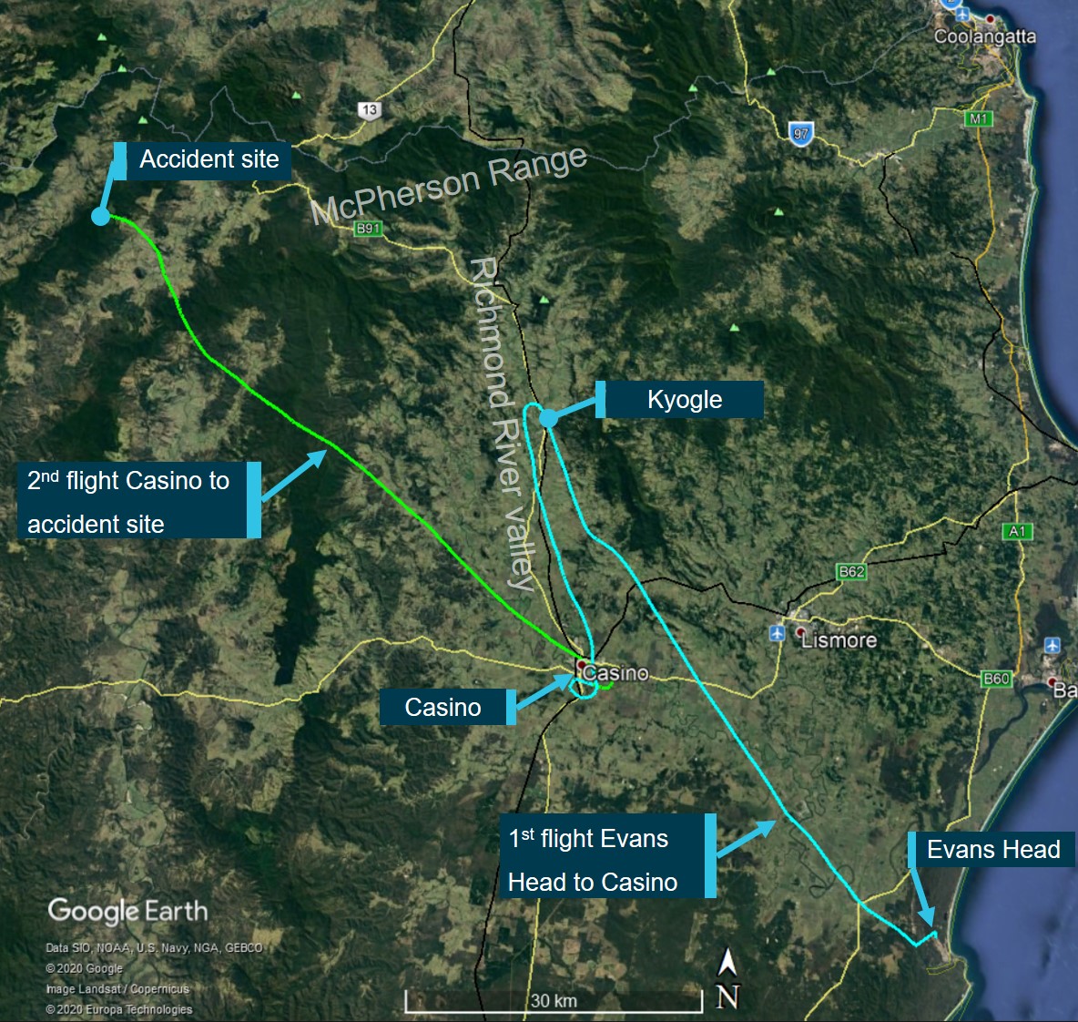Figure 2 - Flight tracks for VH-TWQ on 12 January 2020