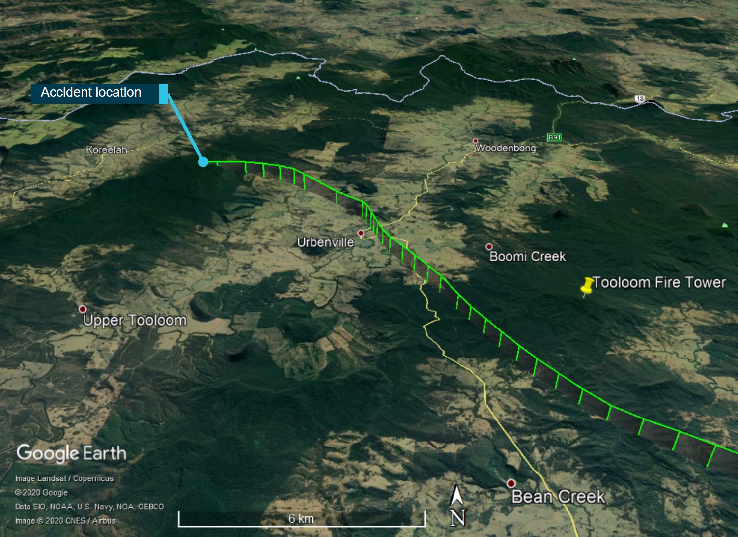 Figure 5 – Tooloom fire tower location and proximity to flight track