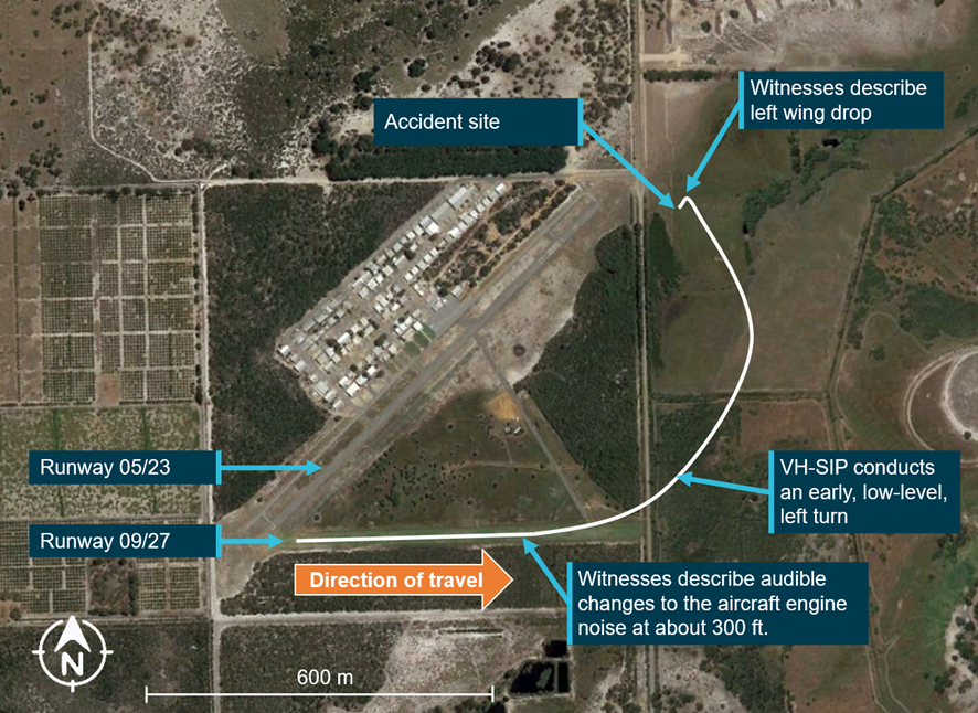 Flight path derived from witness reports and accident site location