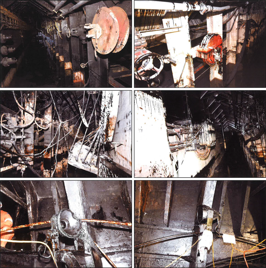 Disparity in fire damage between port tunnel (left) and starboard tunnel (right)