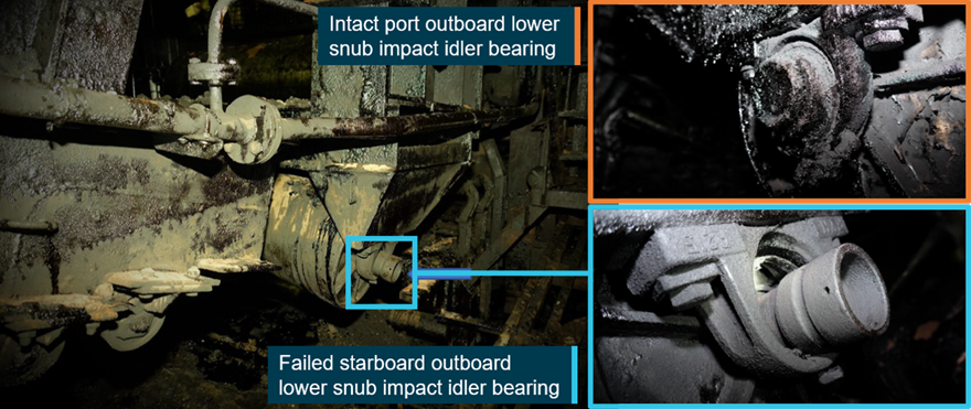Failed starboard outboard bearing of lower snub impact idler and intact bearing on port side (for comparison)