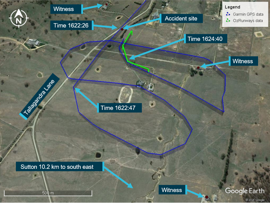 Garmin GPS and OzRunways flight tracks shown relative to the accident site