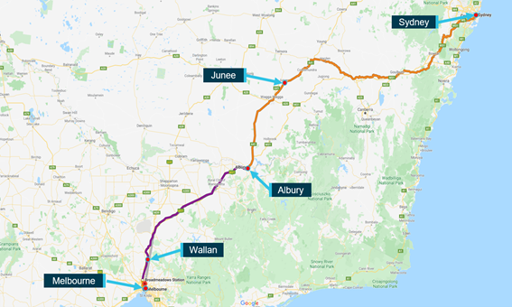 Train route from Sydney to Melbourne