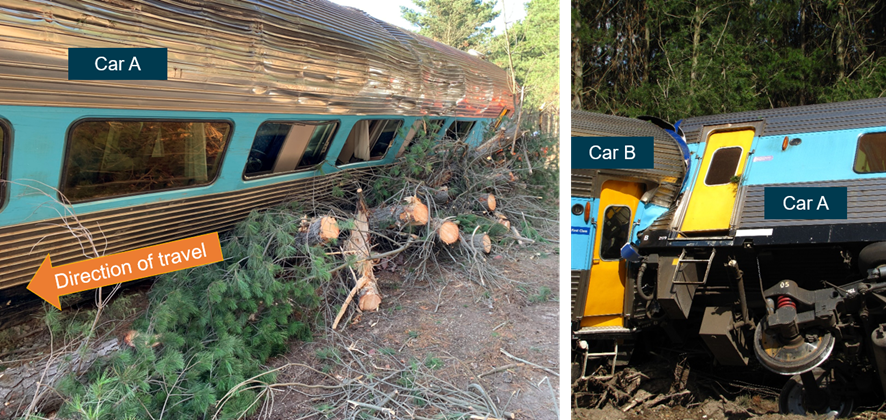 The derailed position of Car A (left photograph taken after removal of trees)