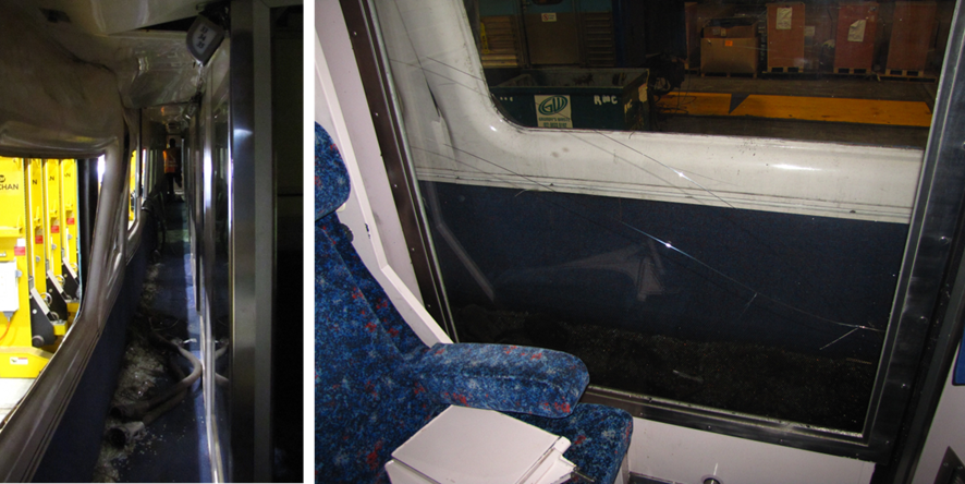 Passenger car A, left-side corridor (left) and fractured glass partition (right)