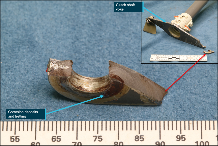 Fractured portion of the yoke showing fatigue cracking and inset image of yoke assembly mounted on the clutch shaft