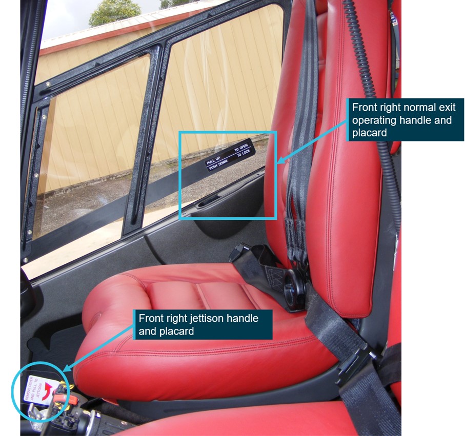Figure 27: Photograph of VH-WII front right exit, showing the location of the normal and emergency (jettison) exit handles