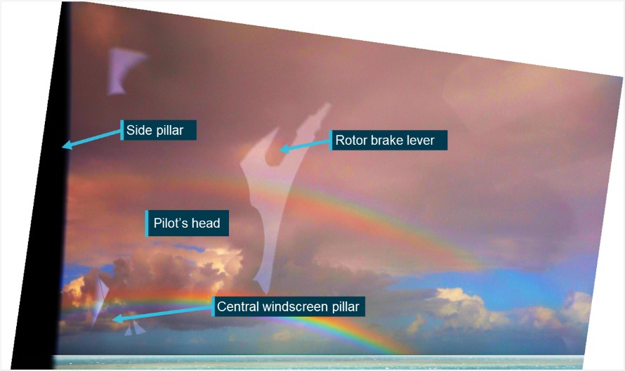 Figure A9: Colour enhancement of image 0620, rotated to level the horizon, showing reflections and window pillar used to estimate helicopter orientation